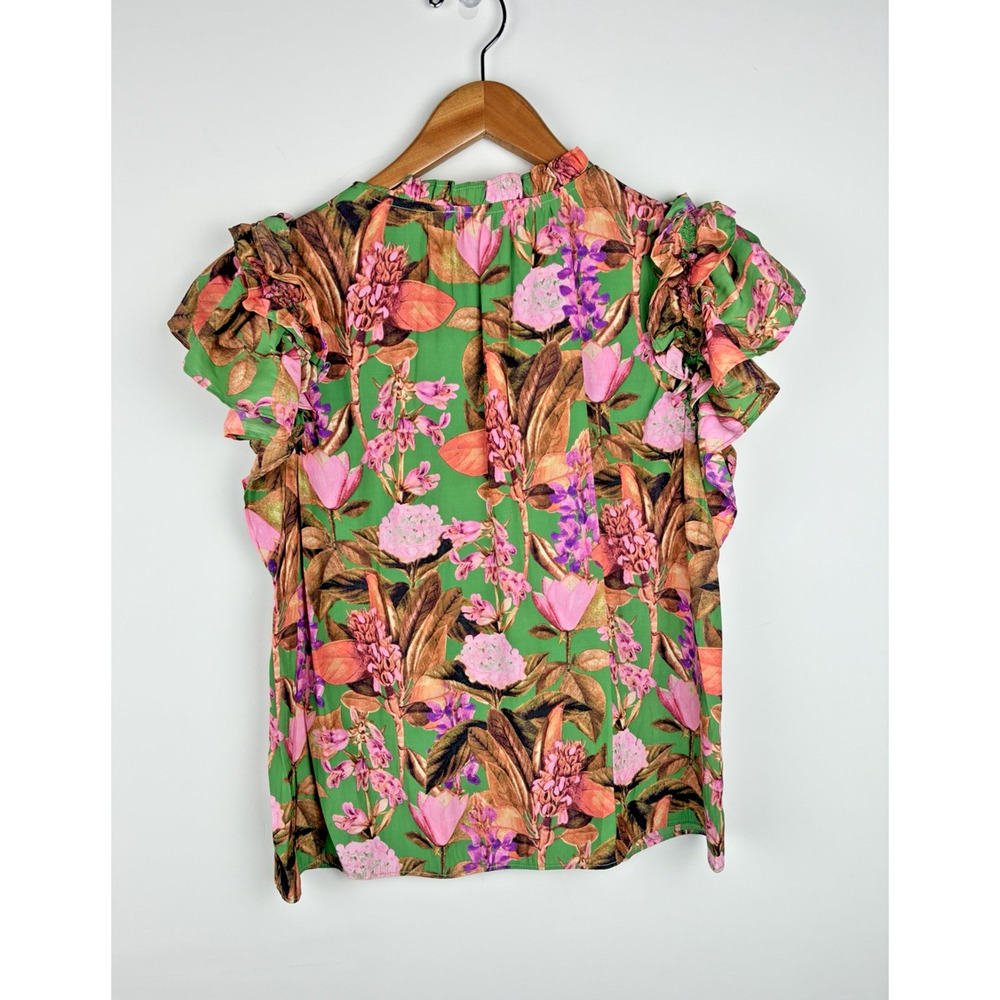 Rose + Olive Womens XS Green Pink Floral Smocked Ruffle Sleeve Blouse Romantic - Picture 3 of 10